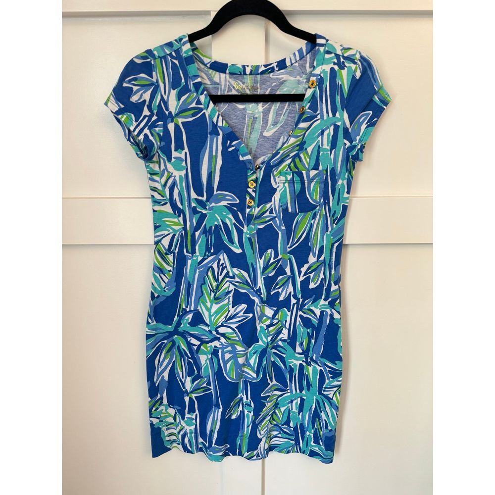 Lilly‎ Pulitzer Women's XS Palmira Tshirt Dress Blue Green Bamboo Bamboom V Neck